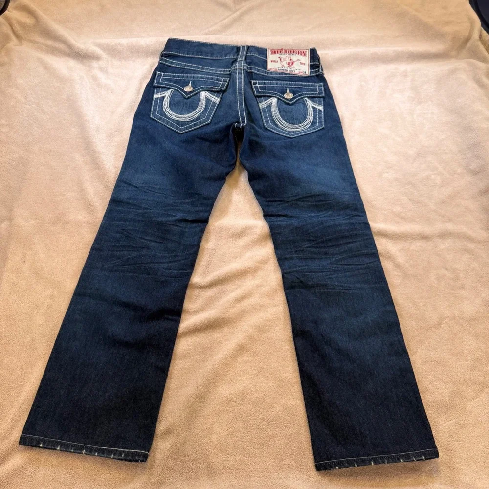 True Religion Rainbow Ricky Straight Dark Super Thick Stitch Denim Jeans 31x31